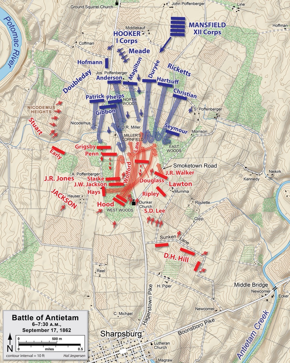 Map of the Battle of Antietam of the American Civil War. Drawn in Adobe Illustrator CS5 by Hal Jespersen. Graphic source file is available at