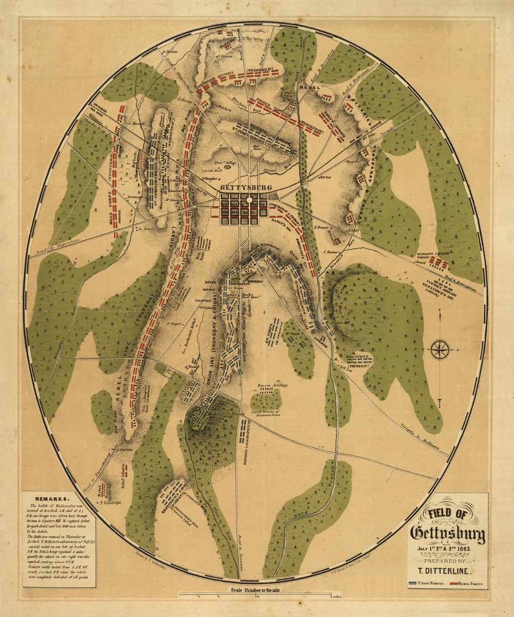 This oval-shaped map depicts Gettysburg Battlefield during July 1st, 2nd & 3rd, 1863. Prepared by Theodore Ditterline and published by Philada. P. S. Duval & Son lith.