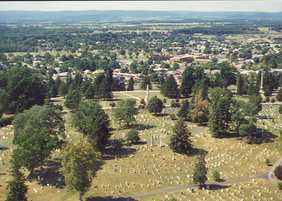 View from the tower of the cemetery and the town of Gettysburg