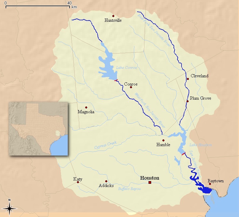Map of the San Jacinto River watershed in southeast Texas — with its mouth at Galveston Bay.