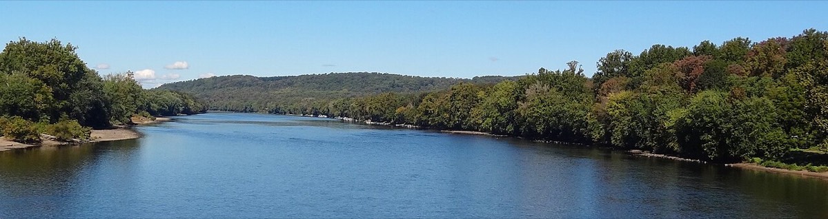 View of the area of George Washington's crossing of the Delaware River, looking north from the state line on the Washington Crossing Bridge.
